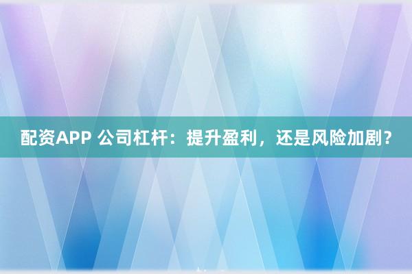 配资APP 公司杠杆：提升盈利，还是风险加剧？